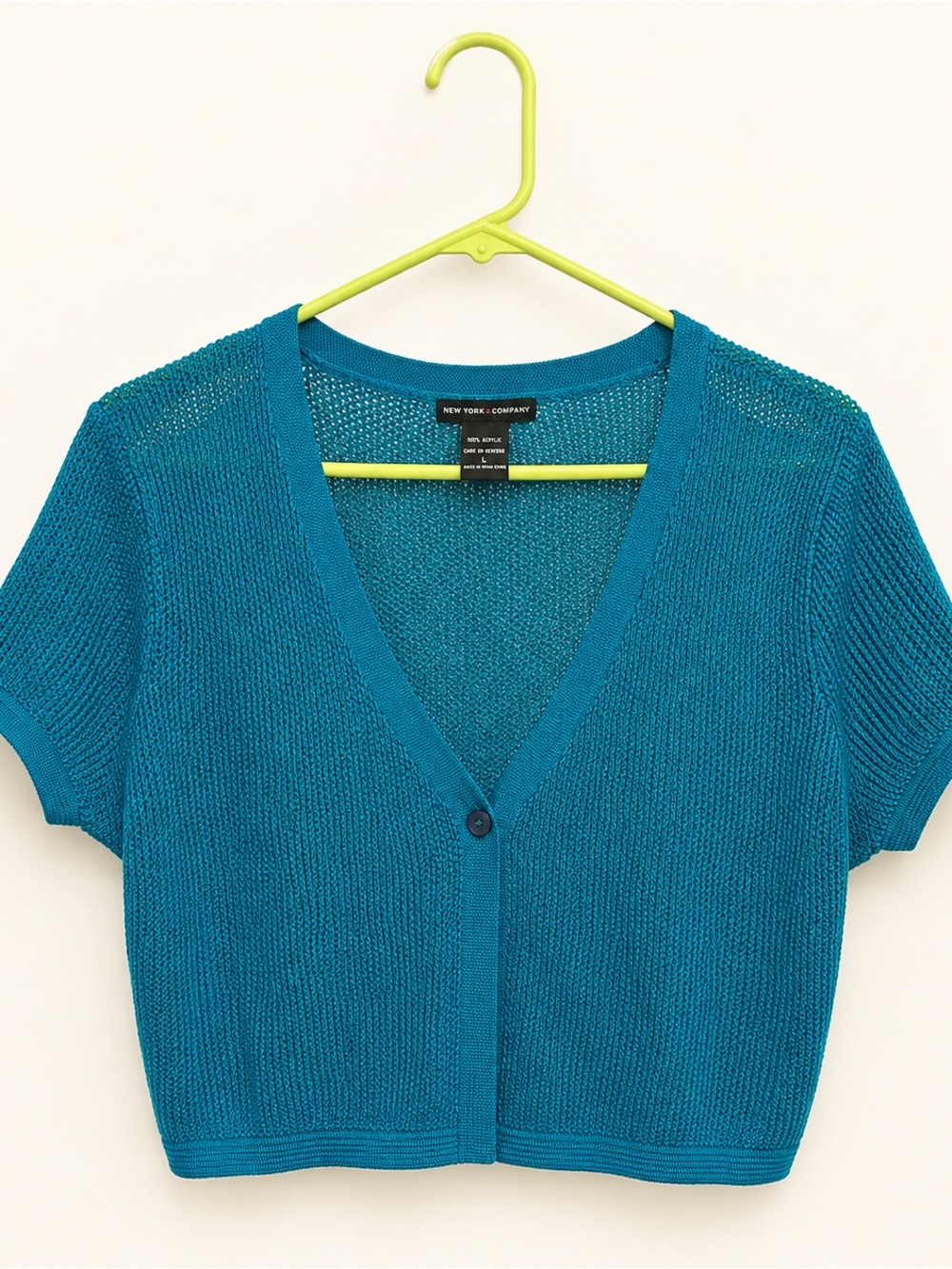 New York & Company Teal V-Neck Short-Sleeve Knit Cardigan